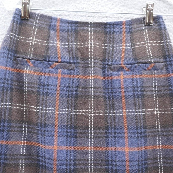 Cabi Womens Wool Blend Pencil Skirt 2 Blue Brown Tartan Plaid Pleated Ruffle Hem - Picture 3 of 13